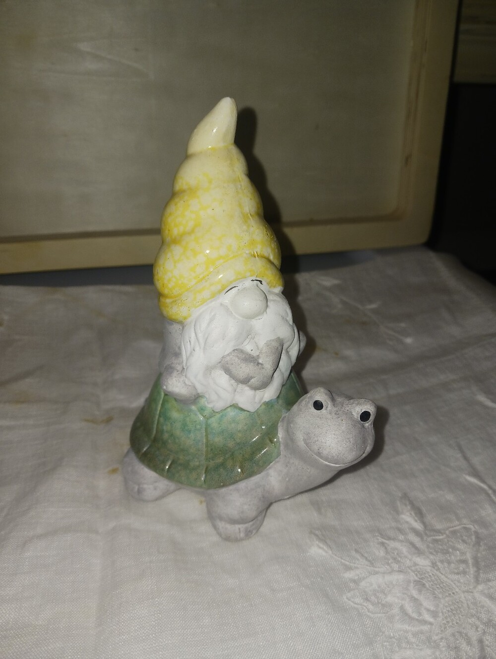 Small Garden Gnome on Turtle Statue - Yellow Hat, Green Shell